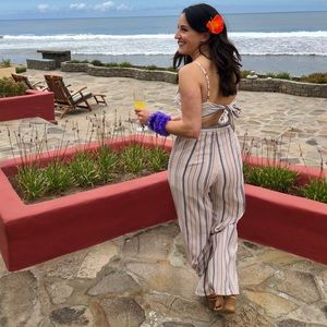 Striped wide leg jumpsuit with tie back